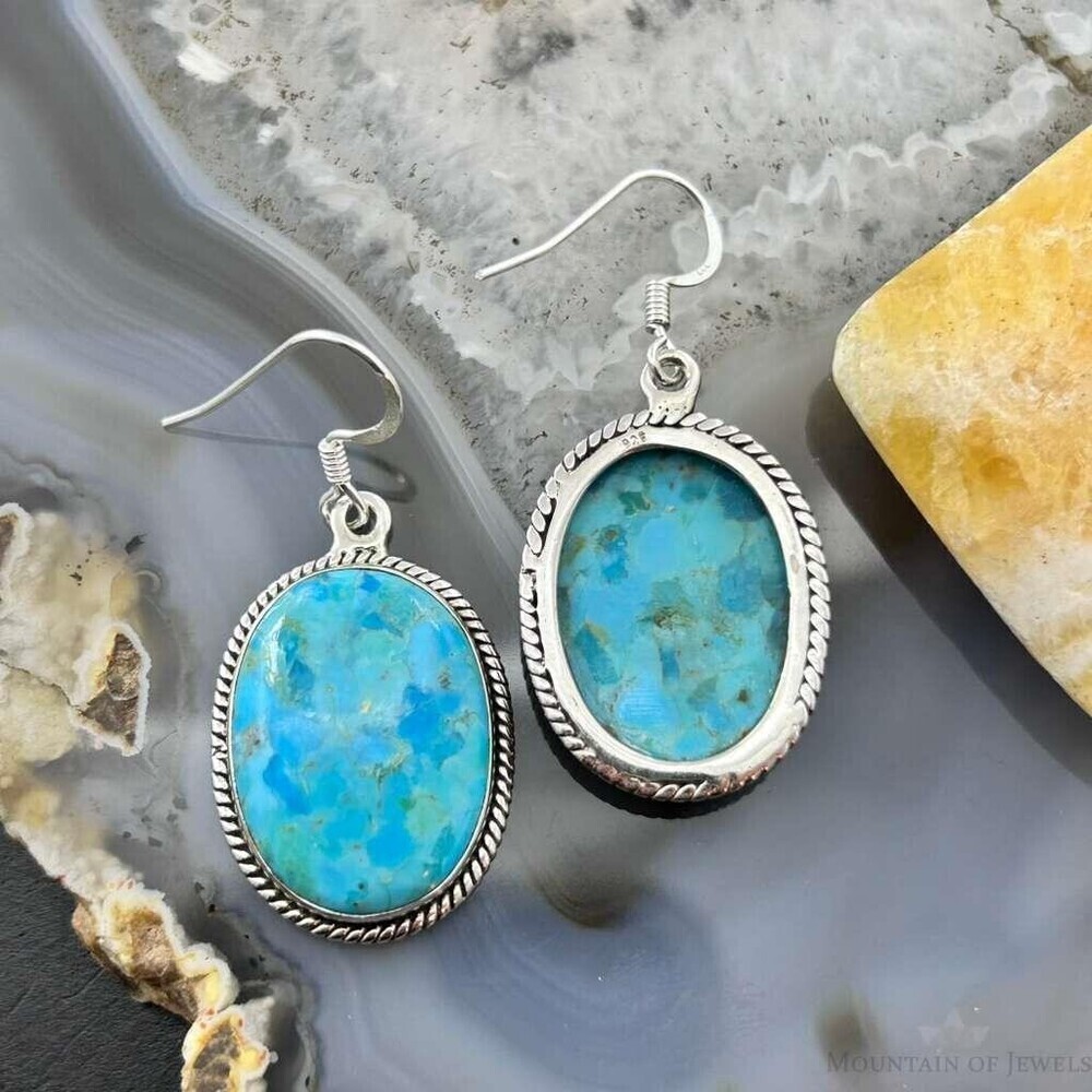 Sterling Southwestern Style Oval Mojave Turquoise Dangle Earrings For Women - Picture 7 of 10